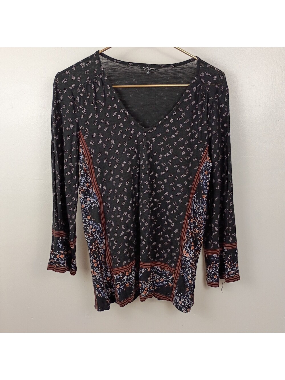 Lucky Brand Womens Border Print Bell Sleeve Blouse Top Shirt Size Medium Boho